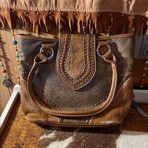 Embossed Brown Leather & Haircalf Studded Tote